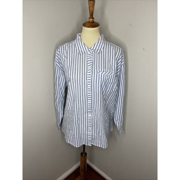 J. Jill Tops - New Plus J.Jill Blue White Stripe Cotton Button-front Collared Shirt 1X